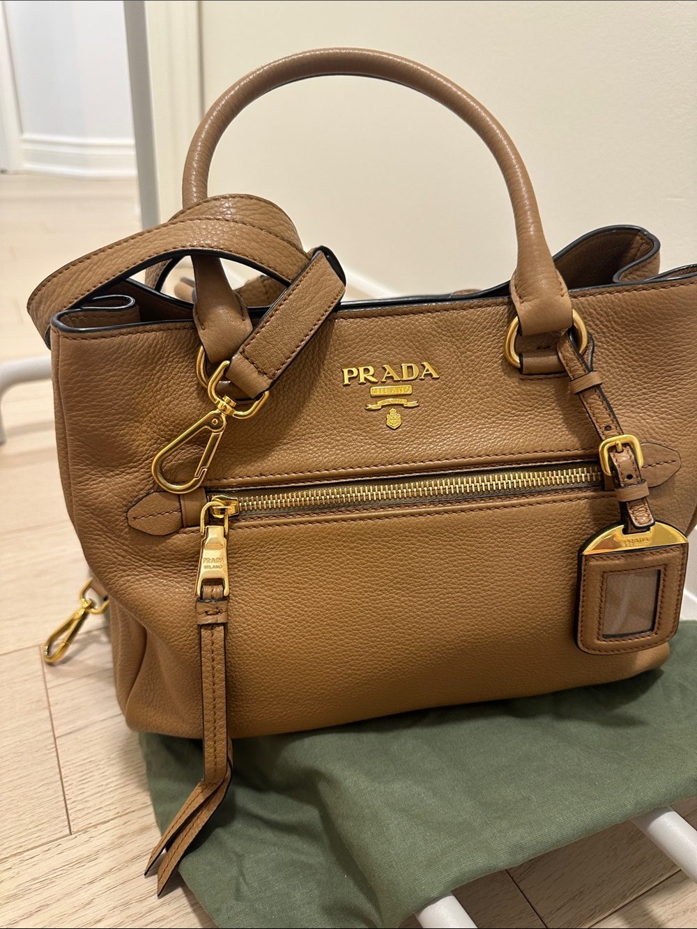 Prada Brown Pebbled Leather Shoulder Bag with Gold Hardware